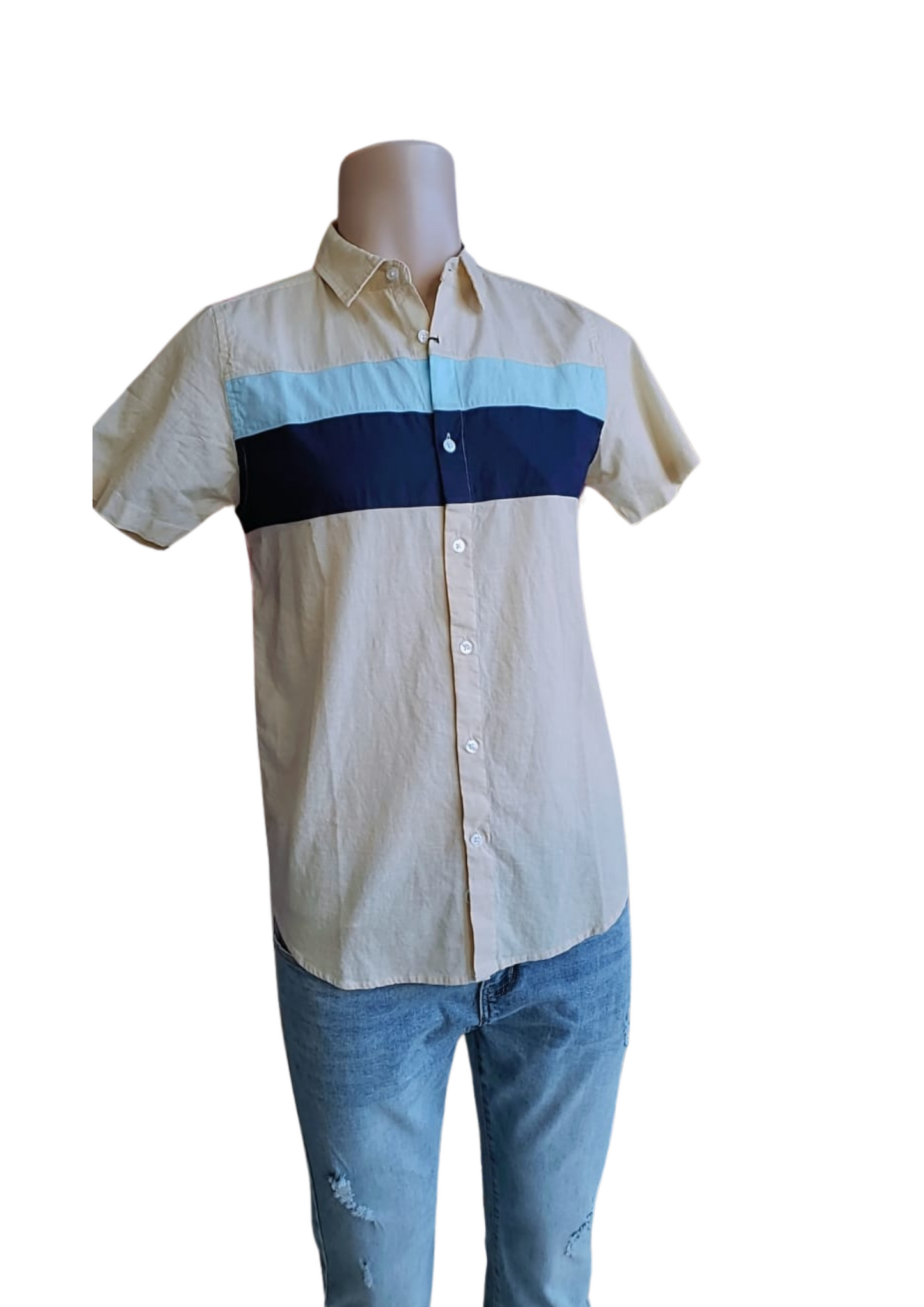 Men's Beige Colorblock Short-Sleeve Shirt