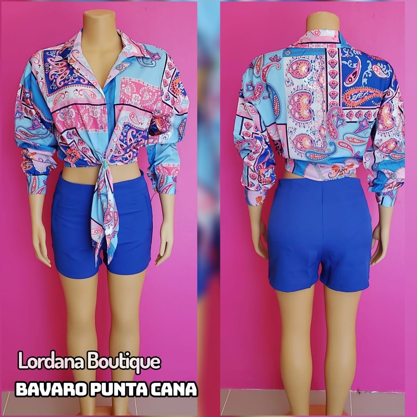 Paisley Print Tie-Front Shirt and High-Waisted Shorts Set - Blue and Multicolor