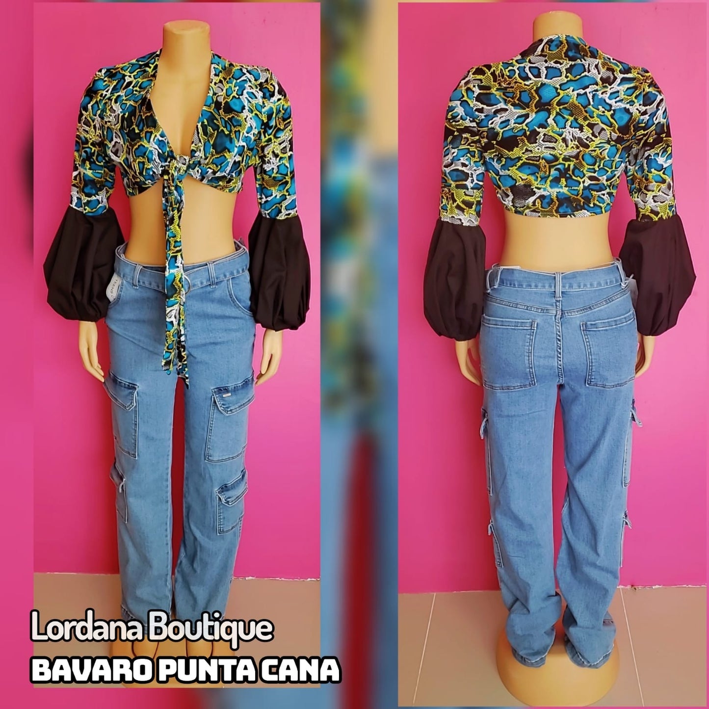 Bold Animal Print Tie-Front Crop Top with Statement Sleeves
