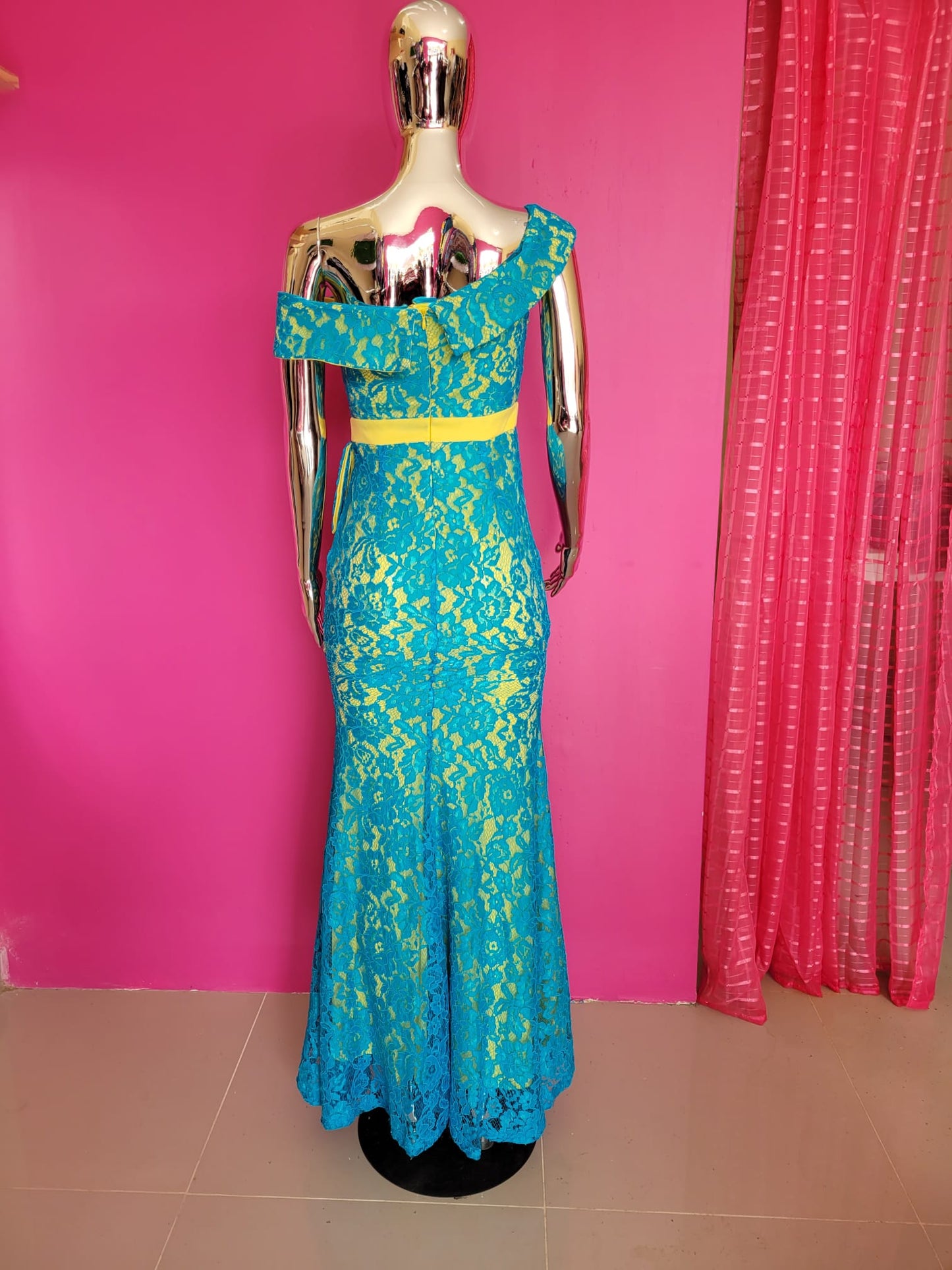 Vibrant Lace Maxi Dress with Asymmetrical Neckline