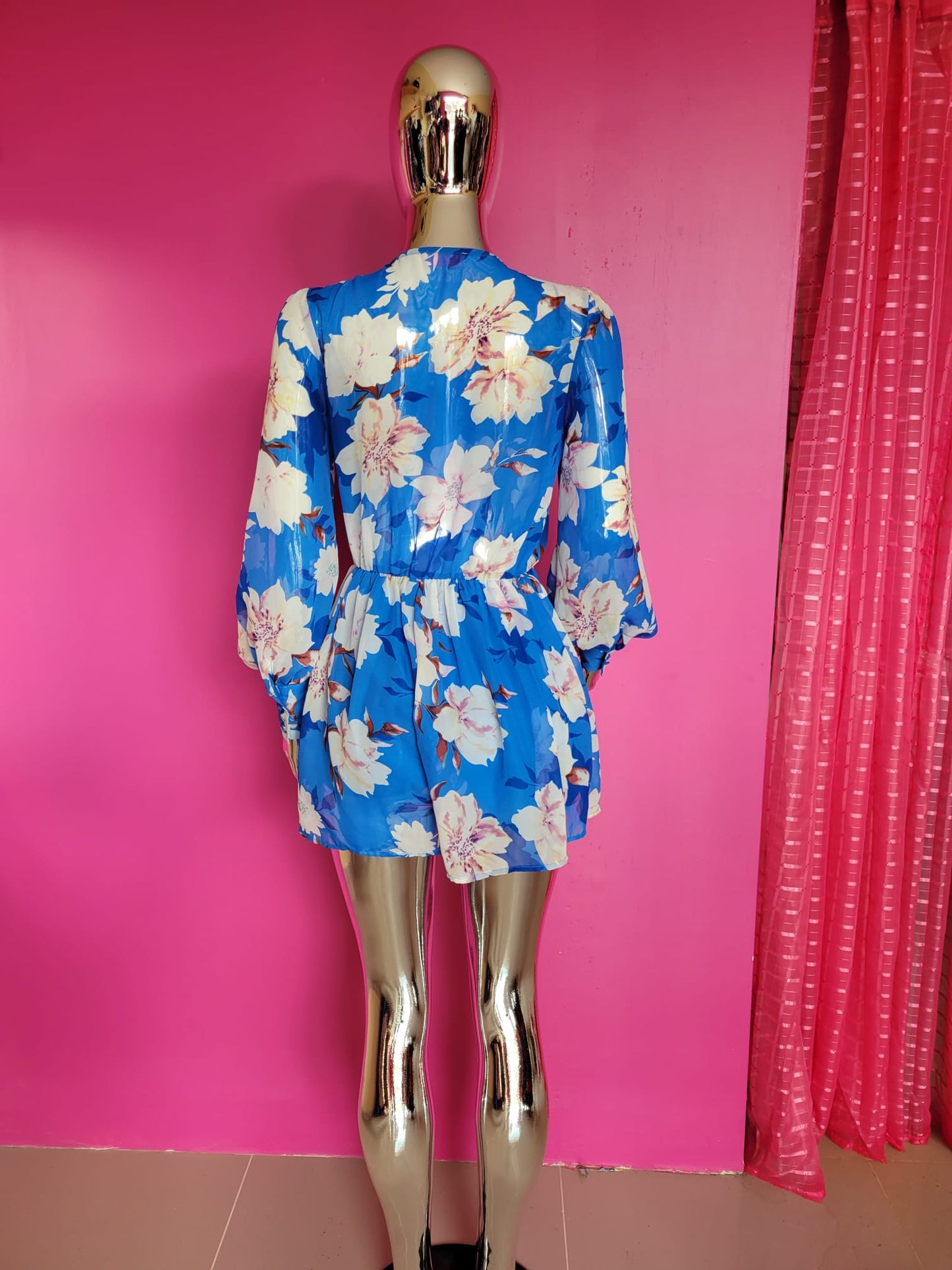 Blue Floral Wrap Dress with Bell Sleeves