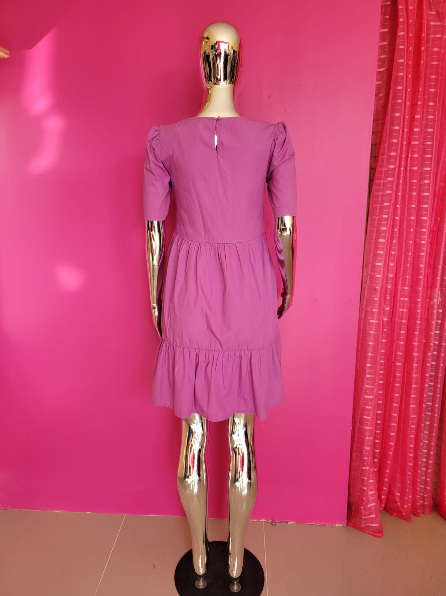 Lavender Puff-Sleeve Tiered Mini Dress