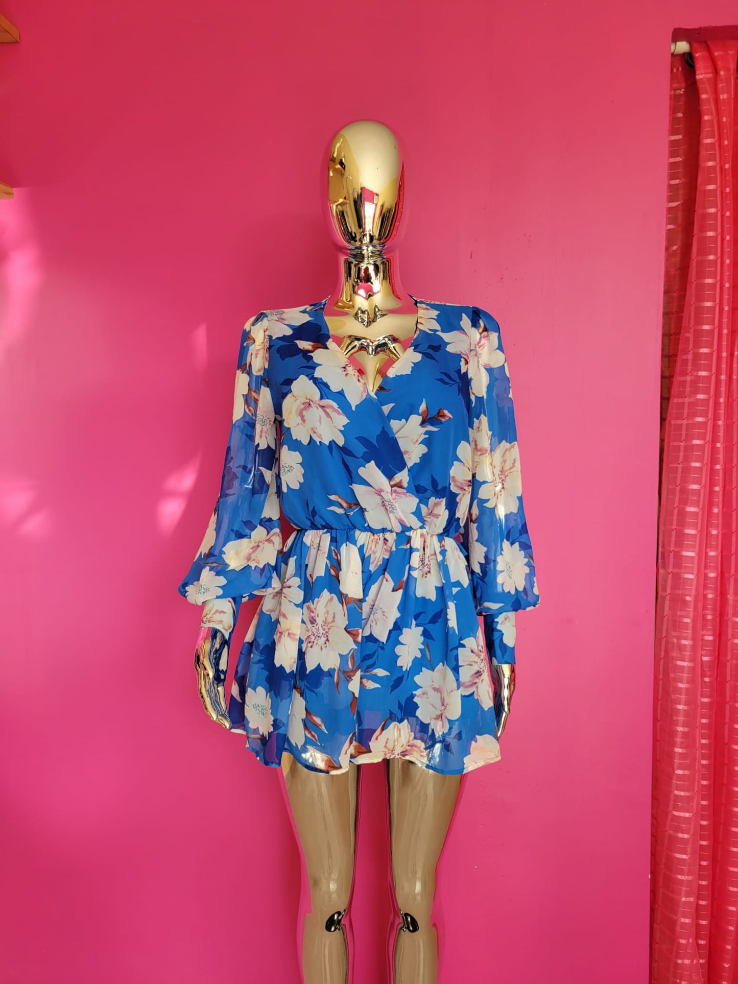 Blue Floral Wrap Dress with Bell Sleeves