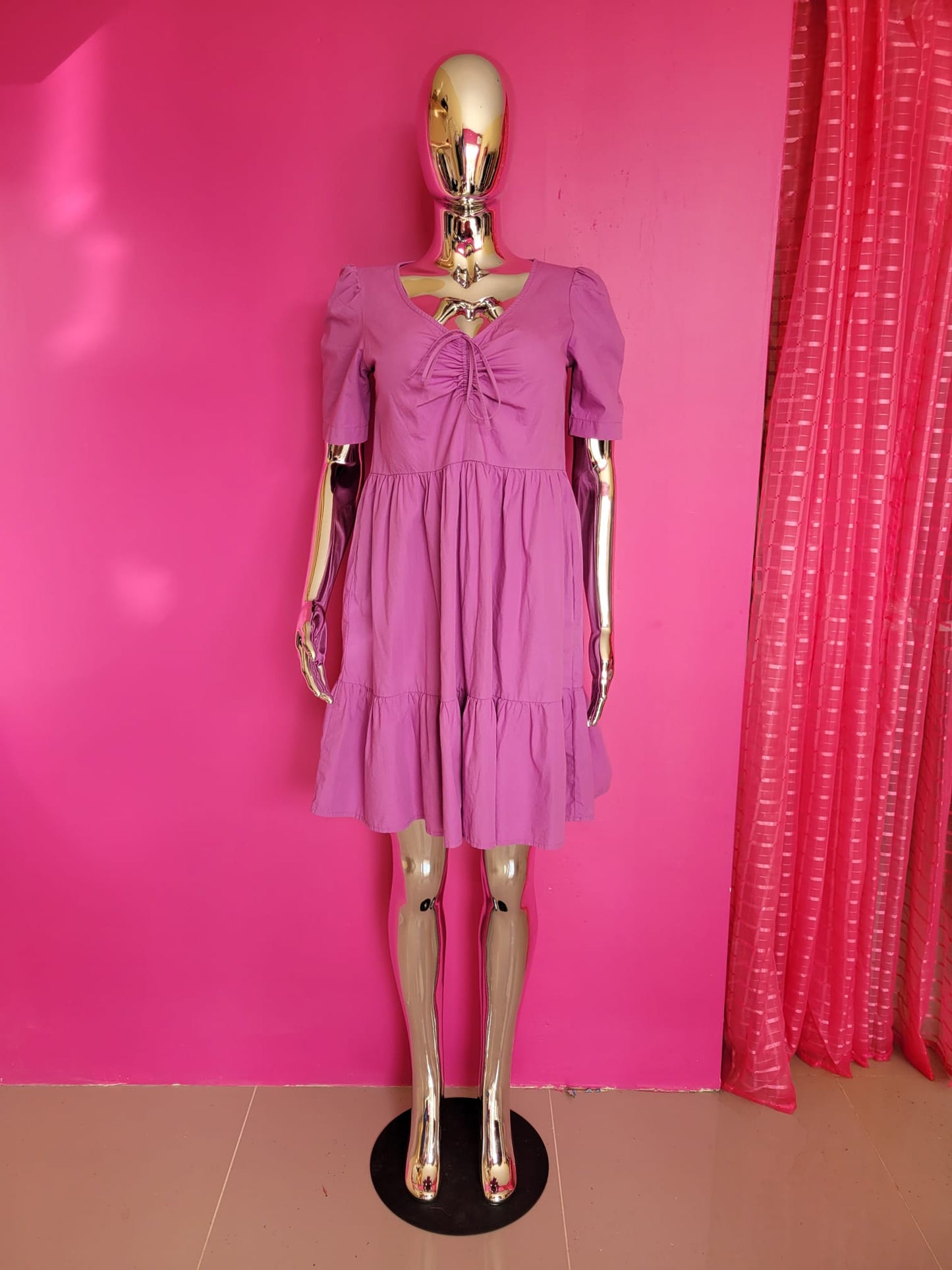Lavender Puff-Sleeve Tiered Mini Dress