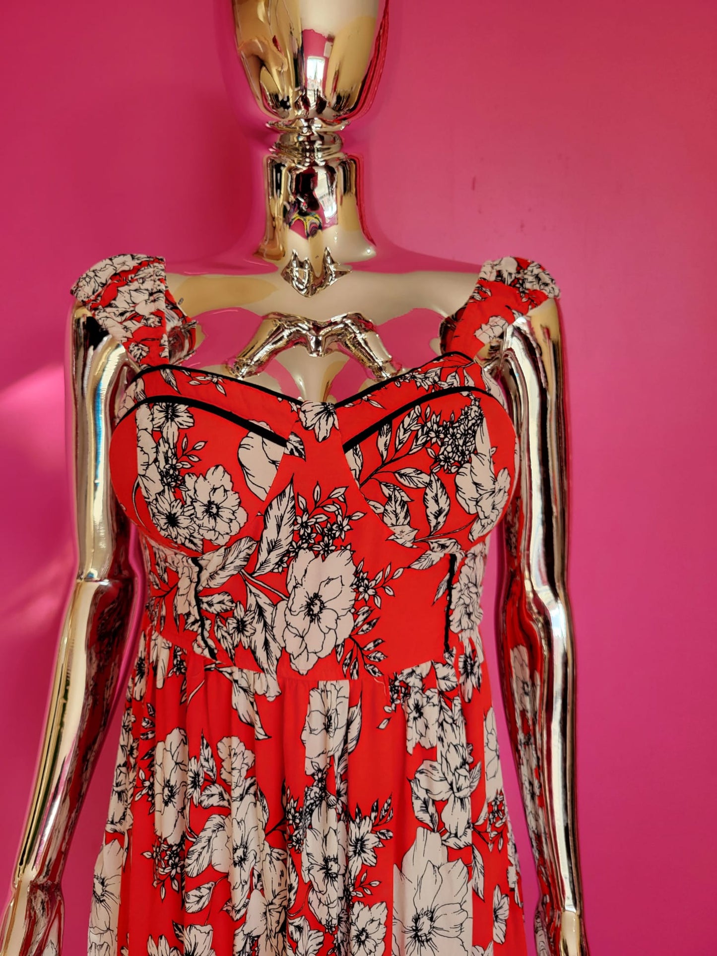 Red Floral Sweetheart Neckline Mini Dress