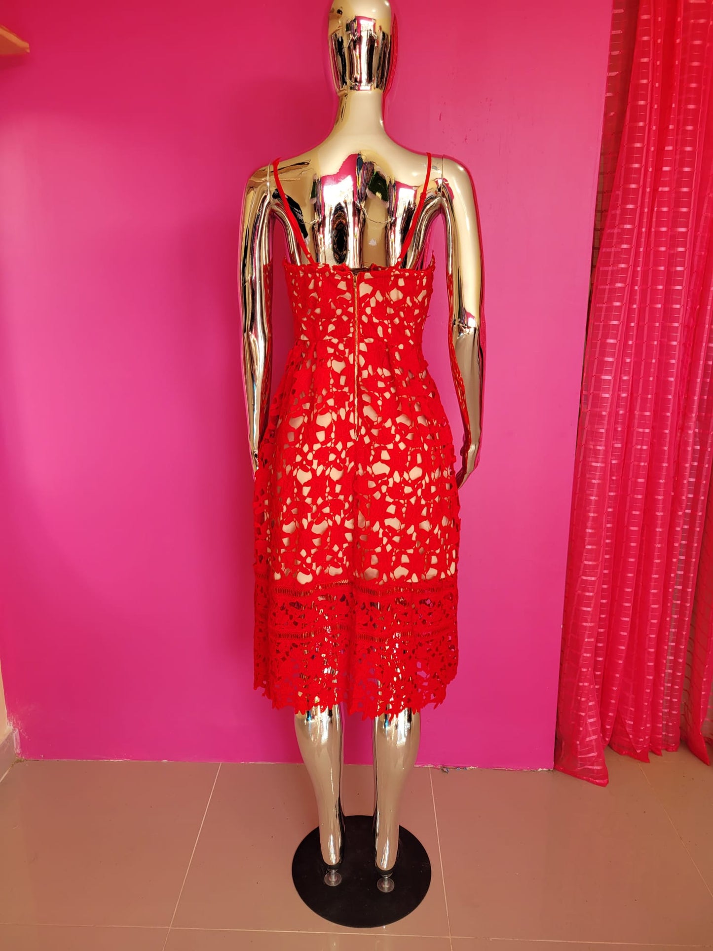 Red Lace Midi Dress with Spaghetti Straps