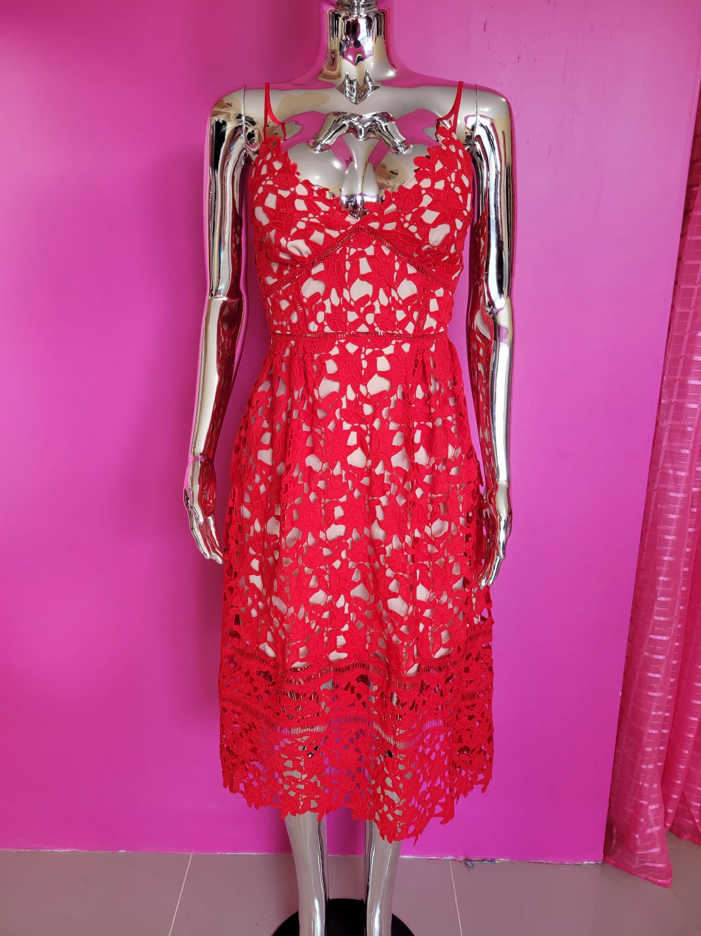 Red Lace Midi Dress with Spaghetti Straps