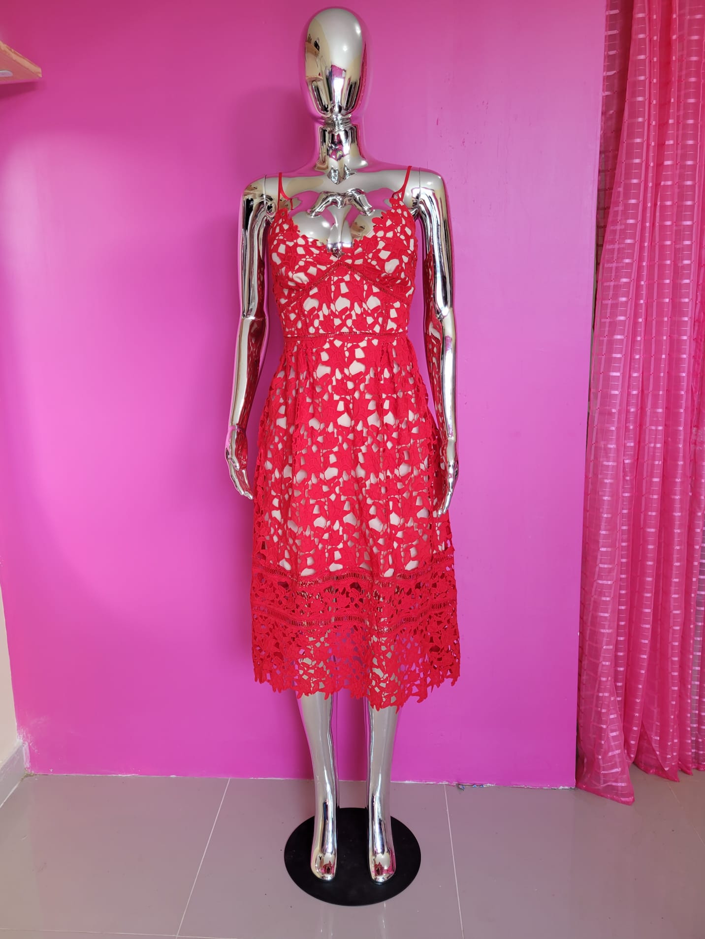 Red Lace Midi Dress with Spaghetti Straps