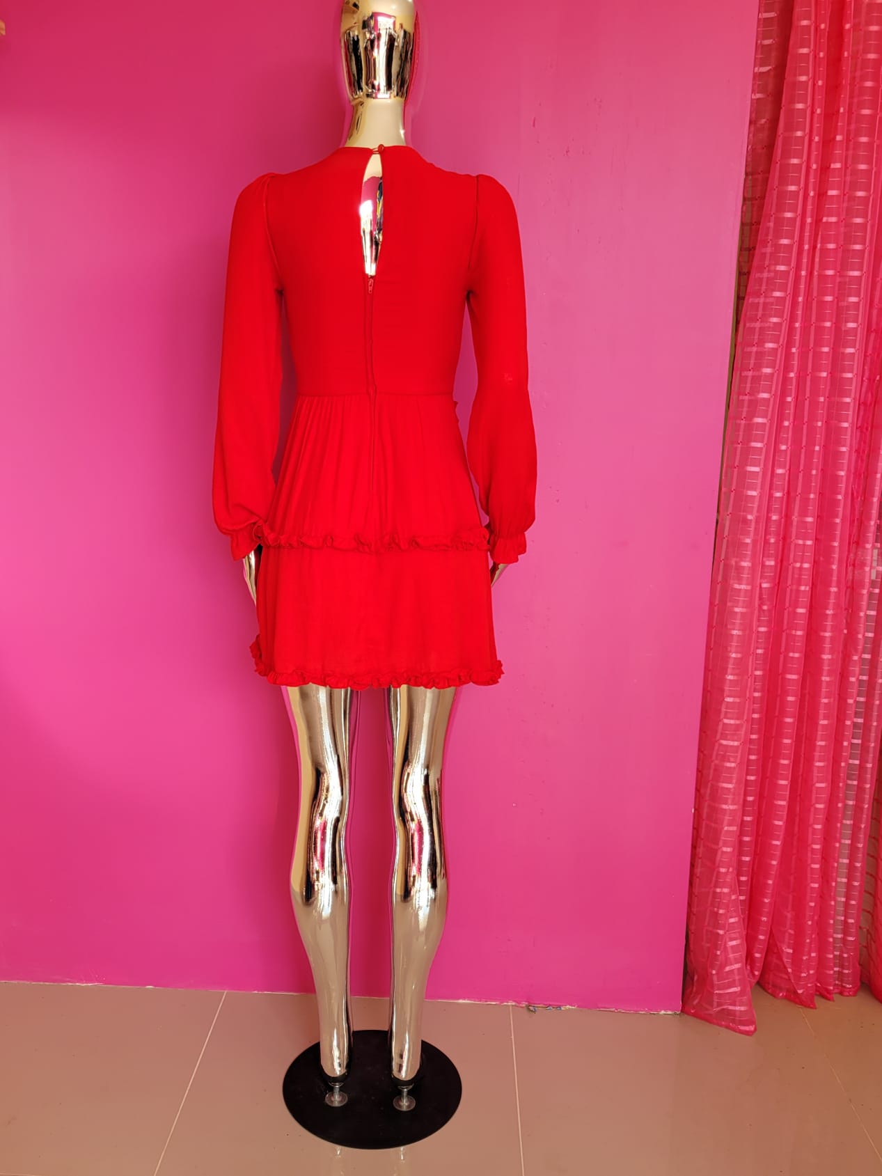 Red Ruffled Long-Sleeve Mini Dress