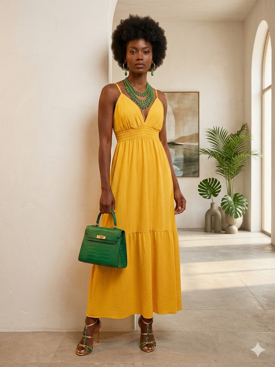 Alisa Resort Yellow Tiered Halter Midi Dress