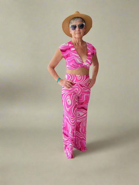 Pink Swirl Strapless Wide-Leg Pants With Matching  Crop Top
