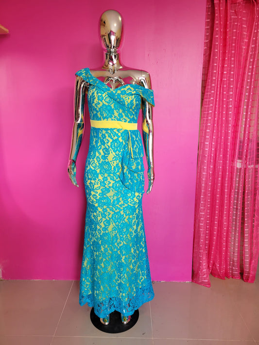 Vibrant Lace Maxi Dress with Asymmetrical Neckline