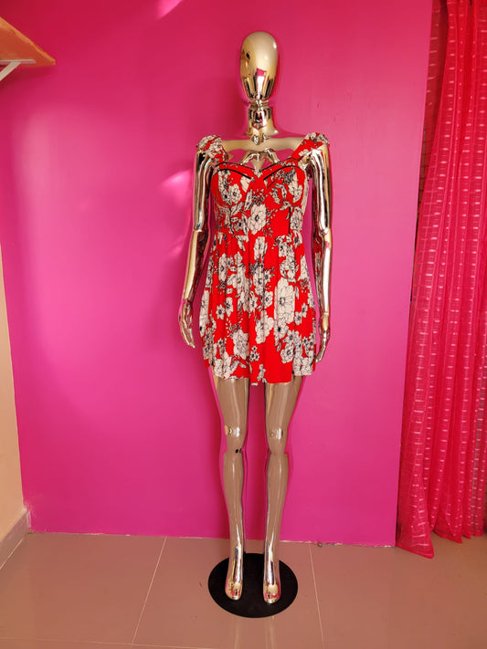 Red Floral Sweetheart Neckline Mini Dress
