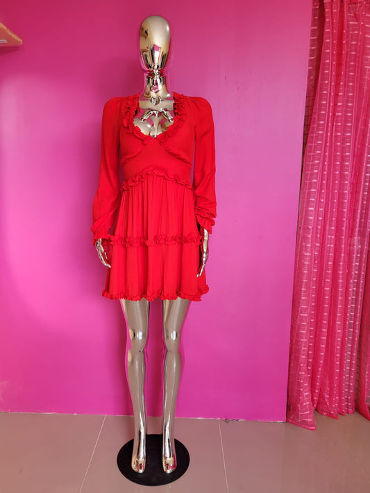 Red Ruffled Long-Sleeve Mini Dress