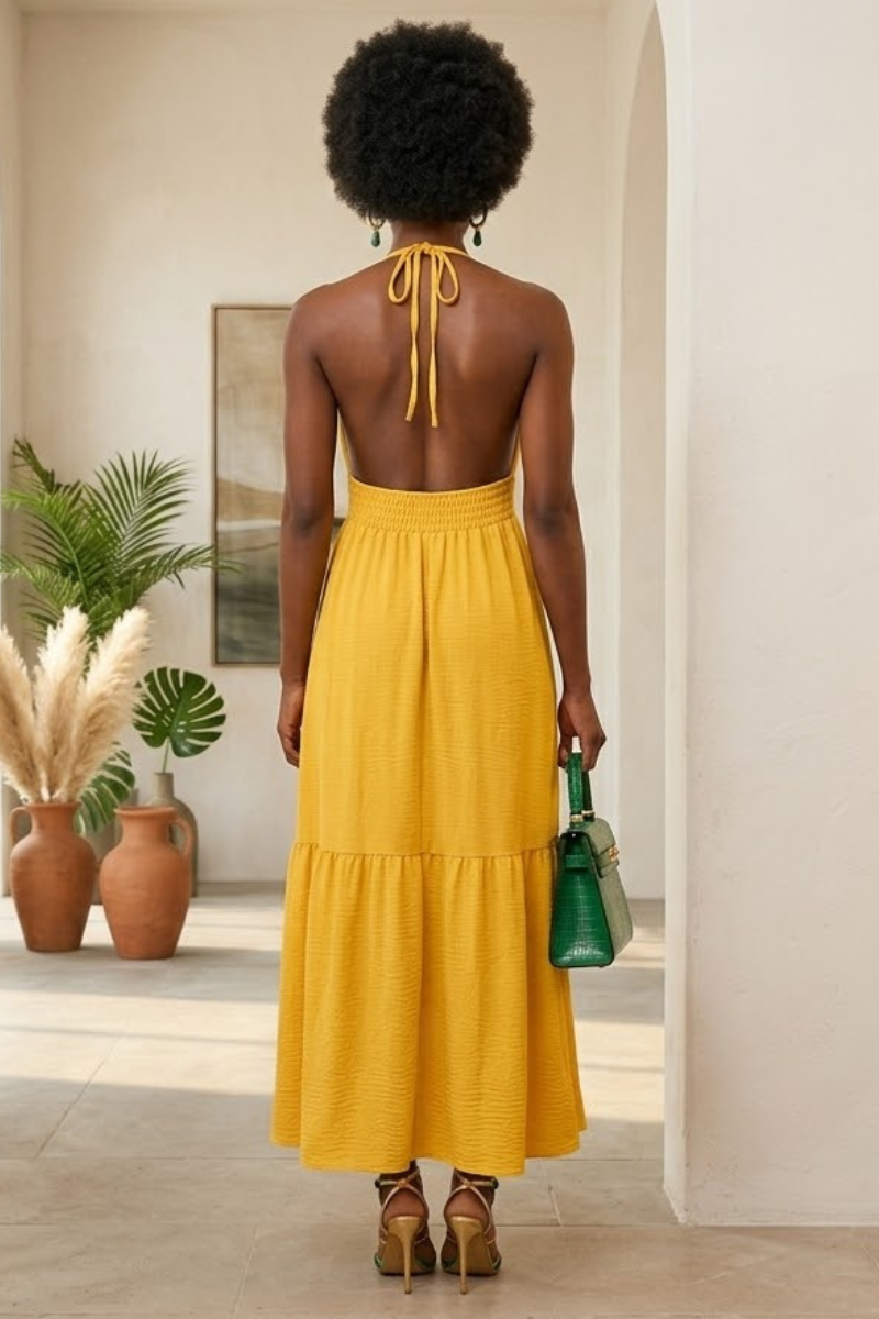 Alisa Resort Yellow Tiered Halter Midi Dress